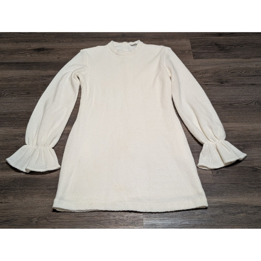 Amanda Uprichard‎ Ivory Boucle Mini Dress Mock Neck Ruffle Bell Sleeve Womens M